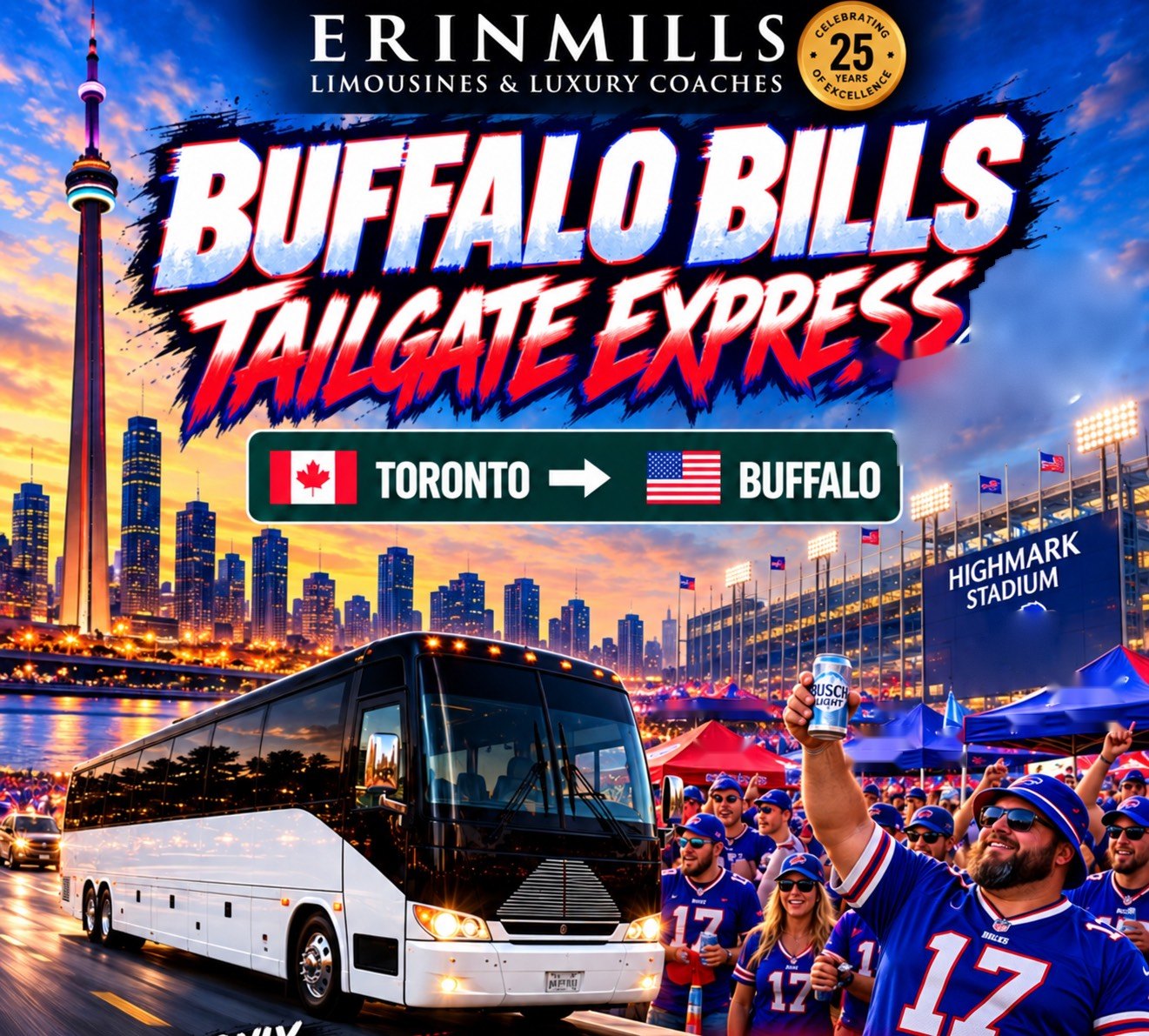 Tailgate Express luxury coach from Toronto to Buffalo, with the Toronto skyline, Highmark Stadium and tailgating fans