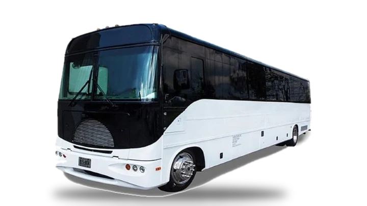 Large white and black limo bus